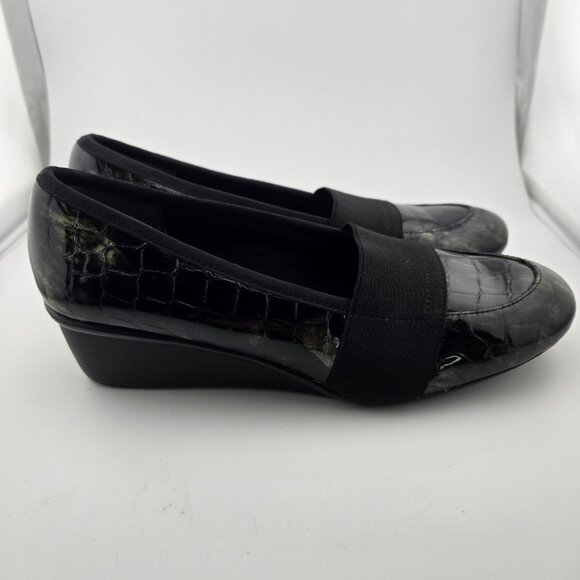 ✨ Ros Hommerson Erica Croc Patent Leather Wedge Loafers | Iridescent Black | Siz - Picture 5 of 14